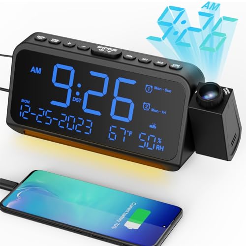 Digital Projection Alarm Clock with Ceiling Display and Temperature Monitor