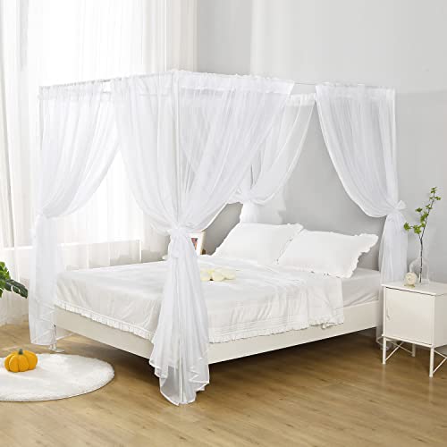 Soft Sheer White Chiffon Canopy Bed Curtain Set for Queen Size Bed