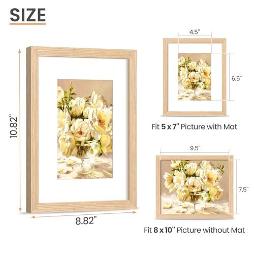 Natural Solid Wood 8x10 Picture Frame with 5x7 Mat for Wall or Tabletop