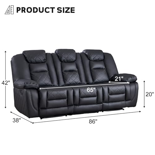 3-Seat Faux Leather Manual Reclining Sofa, Black Overstuffed Living Room Couch