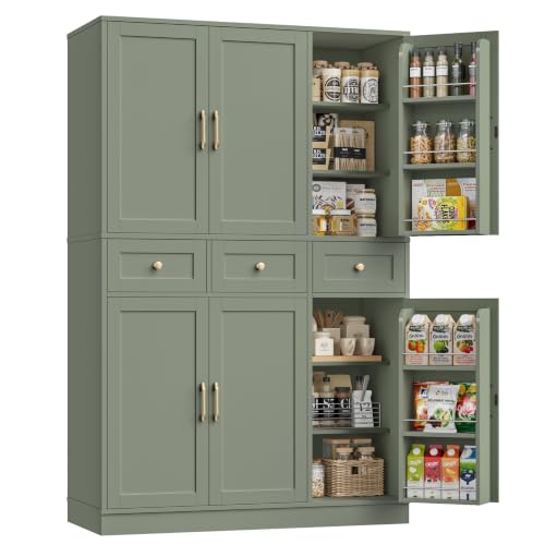 72-Inch Tall Kitchen Pantry Cabinet with Swing-Out Doors and Drawers, Green