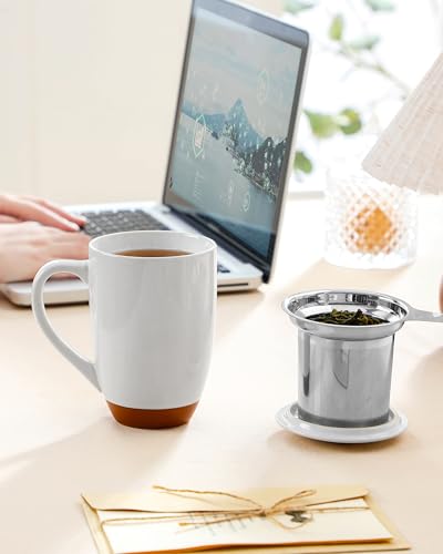MALACASA Khaki White Ceramic Tea Mug with Infuser & Lid, 18 oz