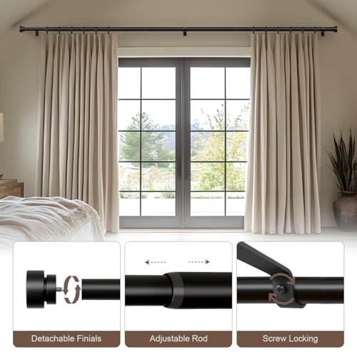 Adjustable Heavy Duty Black Curtain Rod 32 to 60 Inch with Decorative Finials