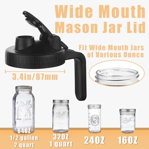 Wide Mouth Mason Jar Pour Spout Lid with Handle & Airtight Flip Cap - 2 Pack