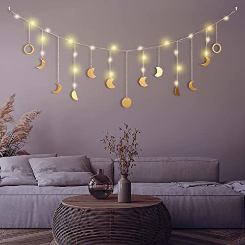 56-Inch Boho Moon Phase Wall Hanging Garland with LED String Lights