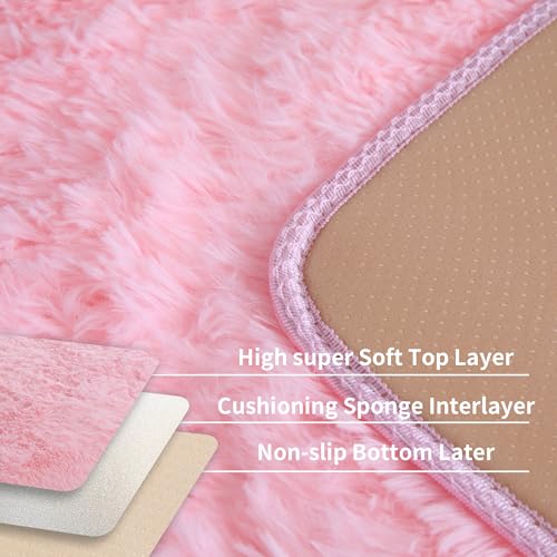 Pink Fluffy 4x6 Area Rug - Soft Washable Shaggy Carpet for Bedroom & Nursery
