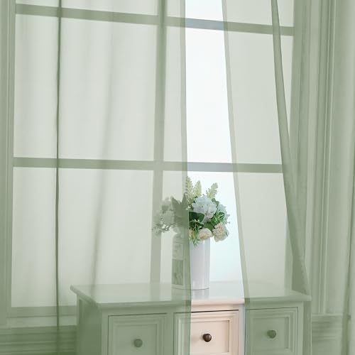 Sage Green Sheer Voile Window Curtains - 2 Panel Set, 42 x 84 Inches