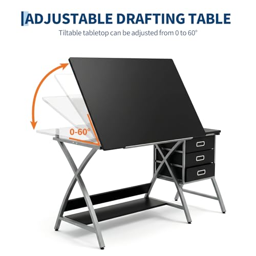 Adjustable Drafting Table with Stool and 3 Drawers for Artists