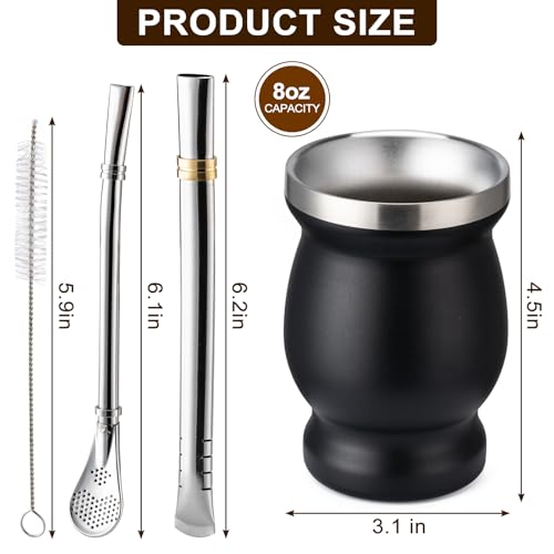 Husfunov 8oz Yerba Mate Cup Black Double-Wall Stainless Steel Travel Mug