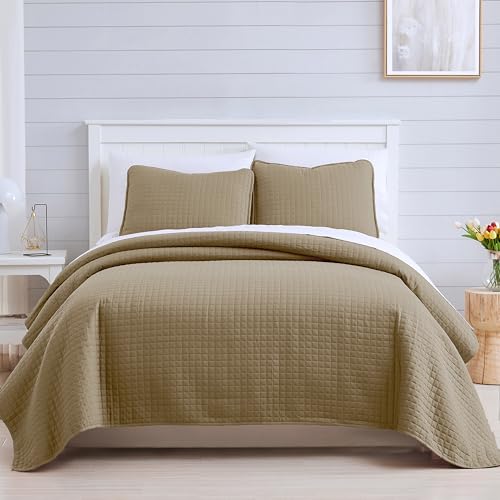 Twin Quilt Bedding Set - Soft Microfiber Taupe Coverlet with Pillow Sham