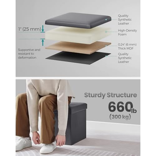 SONGMICS Mazie Collection - 15 Inches Ottoman with Storage, Footstool, Storage Ottoman, Load 660 lb, for Dorm, Living Room, Bedroom, Synthetic Leather, Dark Gray ULSF010G01