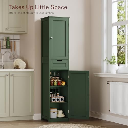 Tall Narrow Bathroom Storage Cabinet with 2 Doors and 1 Drawer, Forest Green
