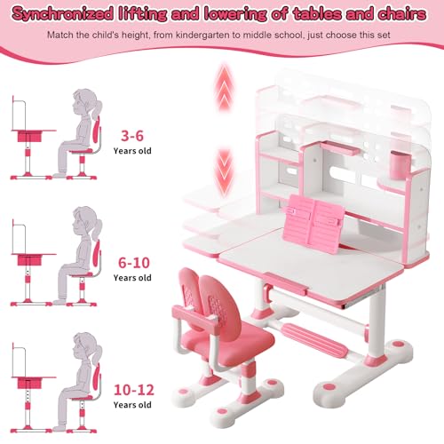 Adjustable Kids Study Desk and Chair Set with Tiltable Desktop and Storage