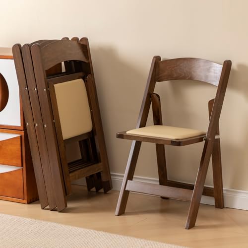 Set of 4 Wooden Folding Chairs with Padded Seats, Fruit Wood Finish