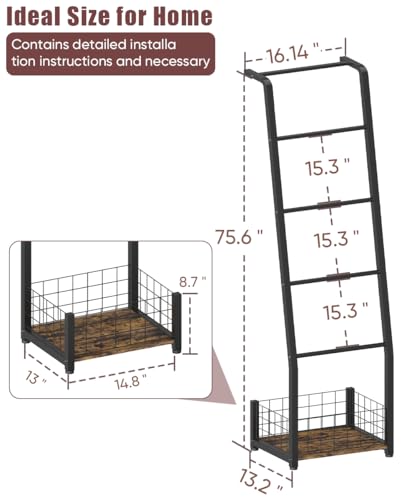 5-Tier Blanket Ladder with Storage Basket, Leaning Quilt Rack Stand