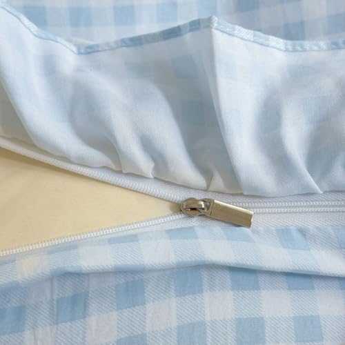 Light Blue Gingham Twin Duvet Cover Set with Ruffles - Plaid Bedding
