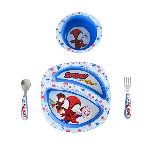 Toddler Dinnerware Set with Divided Plate Bowl and Utensils 4-Piece