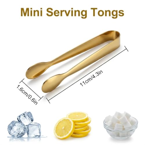 Gold Mini Serving Tongs 8 Pack - Small Stainless Steel Appetizer & Dessert Tongs
