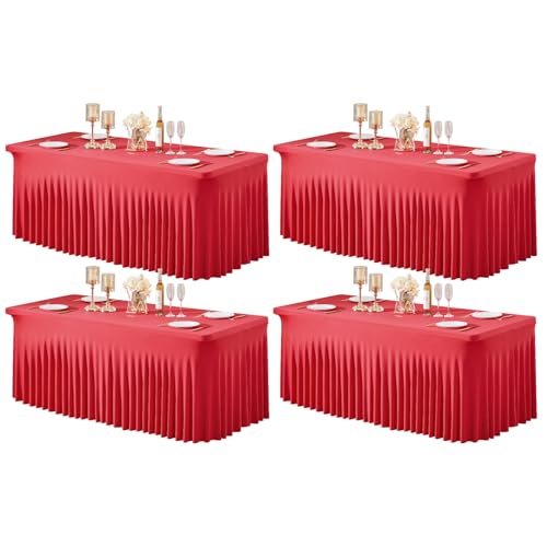 Party Talk Red 6 ft Rectangle Tablecloths 4 Pack – 72x30 In Fitted Spandex with Skirt