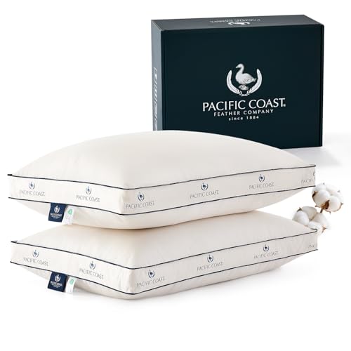 King Size Goose Feather and Down Pillows Set of 2 - Firm Gusseted Design, Organic Cotton Cover