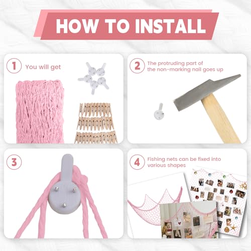 Decorative Cotton Fish Net for Photo Display, 79 x 59 Inch Pink Wall Decor