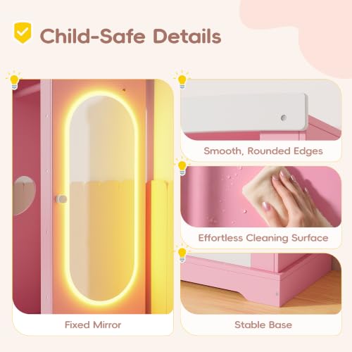 Kids Dress Up Wardrobe with Light-Up Mirror and Jewelry Storage - Pink