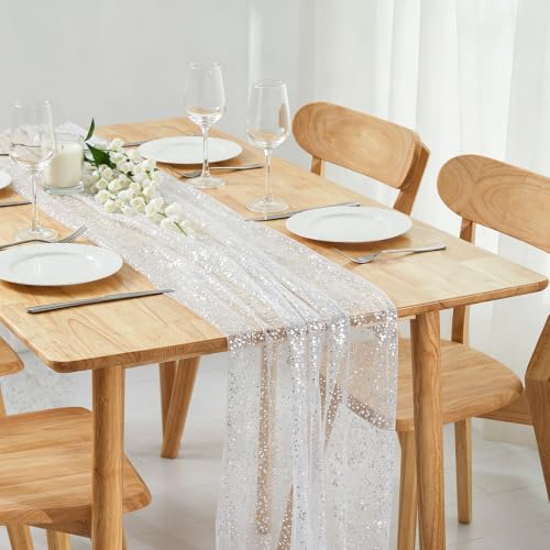 NookZuzu 10 Ft Silvery Sequin Table Runner Set - 3 Pieces, 27.5 x 120 Inches