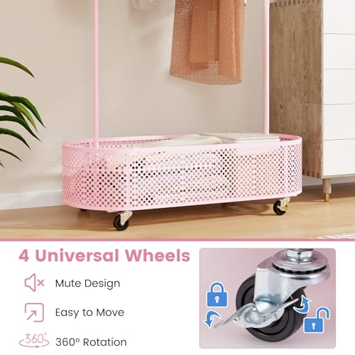 Kids Adjustable Garment Rack with Storage Basket and Wheels (Pink)
