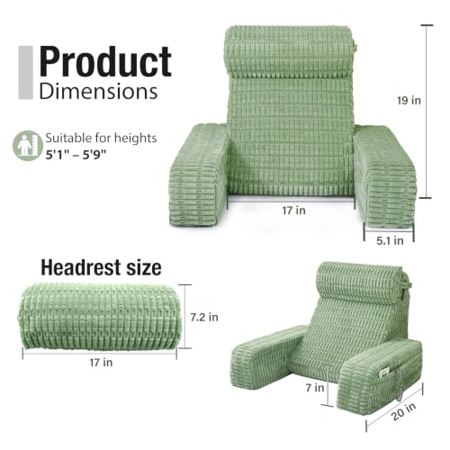 Ergonomic Reading Pillow with Large Pockets – 19" Backrest Cushion for Bed Sitting, Nursing, and Relaxing – Sage Green