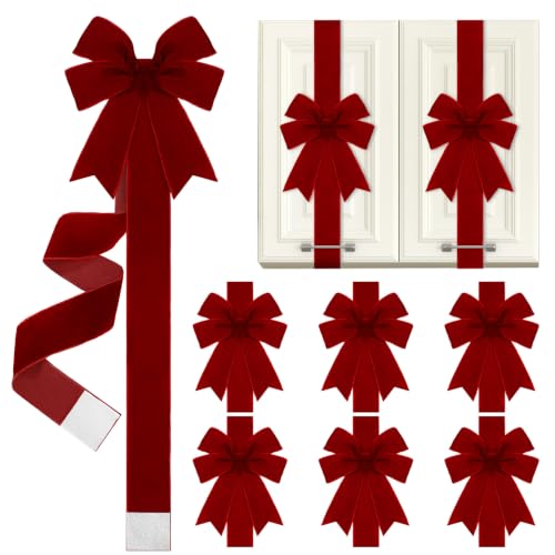 Burgundy Velvet Christmas Cabinet Bows with Ribbon - Set of 6 Holiday Decor