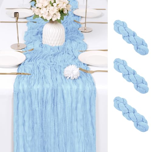 3 Pack Baby Blue Cheesecloth Table Runner 17x108 Inch Boho Gauze Table Decor