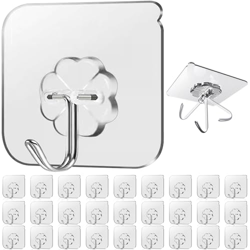 28 Pack Heavy Duty Adhesive Wall Hooks - Waterproof Clear Self-Stick Hooks
