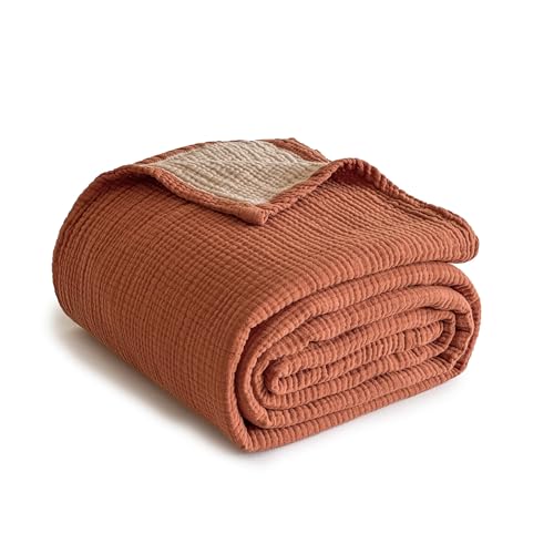 100% Cotton Muslin Blanket King Size - Soft & Breathable 4-Layer Design (Rust Orange, 104" x 92")