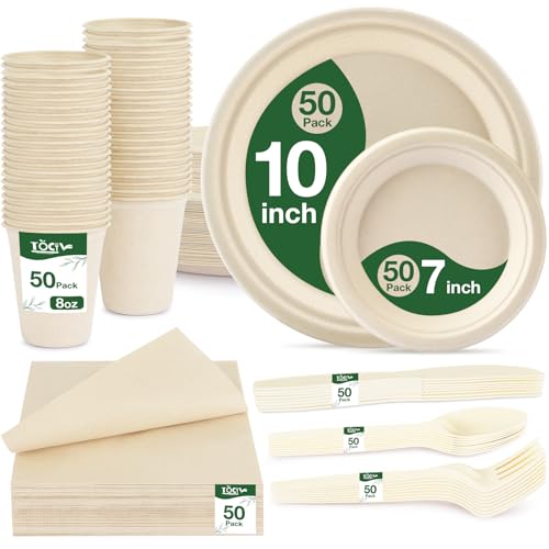 350 Pcs Nature Eco-Friendly Disposable Dinnerware Set for 50: 10in & 7in Plates, 8oz Cups, 6.6in Napkins + Utensils