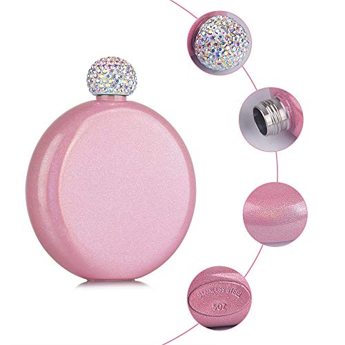 Pink Glitter Liquor Flask for Women 5oz Stainless Steel Rhinestone Cap Junya