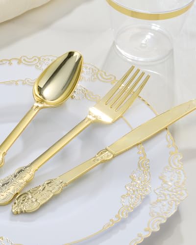 Goodluck 350-Piece Gold Trim Plastic Dinnerware Set for 50 Guests – Plates, Cutlery, Napkins, Cups