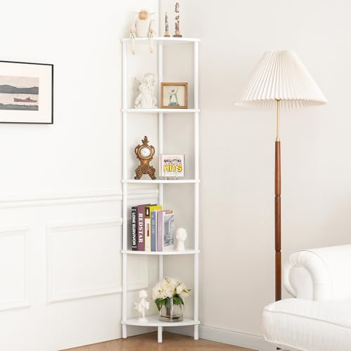5-Tier Corner Bookshelf, 65-Inch Tall Wood and Steel Display Stand