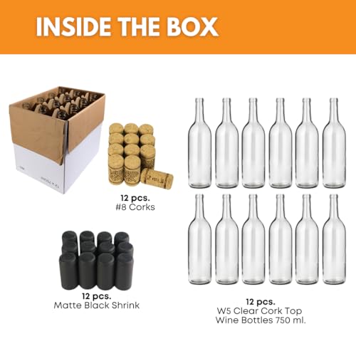 Clear Glass Wine Bottles 750ml 12-Pack with Corks and Shrink Sleeves