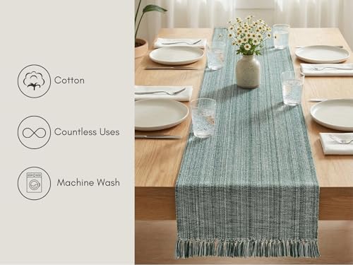 Chambray Table Runner with Fringes - Forest Green & H.White