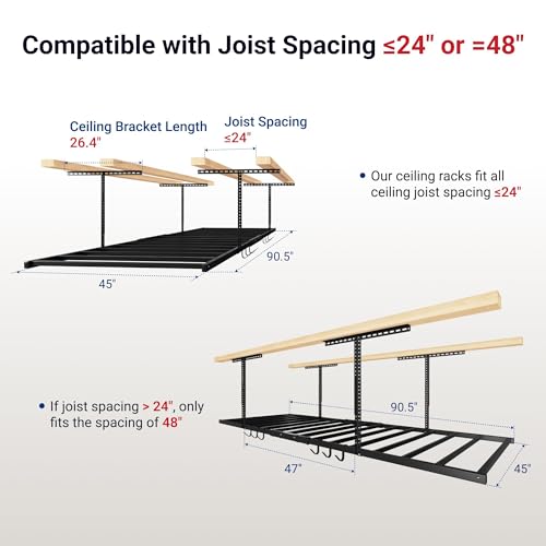 4x8 Overhead Garage Ceiling Storage Rack with 6 Hooks, 750lbs Capacity