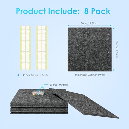 8-Pack Felt Bulletin Board Tiles 12x12 Inch - Sound Absorbing Wall Decor