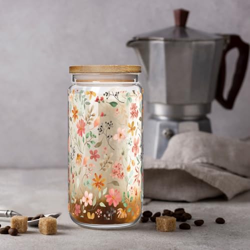 Enanaimg 16oz Floral Glass Coffee Cup with Bamboo Lid & Straw - Gift for Women
