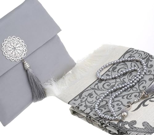 Turkish Cotton Prayer Rug Set with Tasbih Beads and Portable Travel Bag