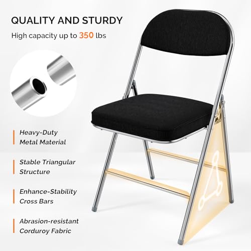 Padded Folding Chair with Corduroy Fabric Seat, Metal Frame, 350 lbs Cap