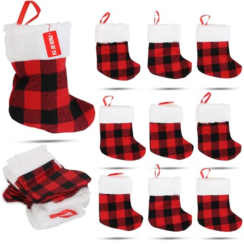 24-Pack Mini Christmas Stockings - 6-Inch Red Buffalo Plaid Ornaments