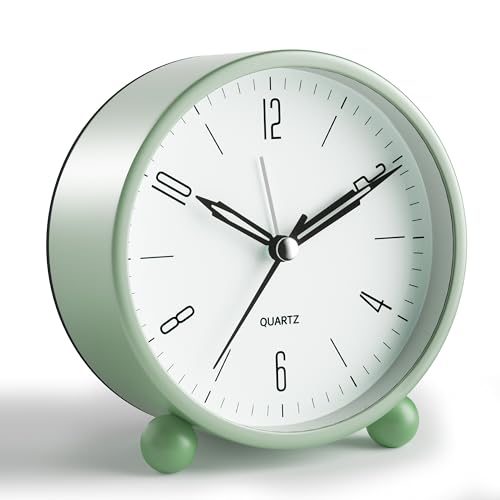 4-Inch Silent Analog Alarm Clock with Night Light, Battery Powered (Green)