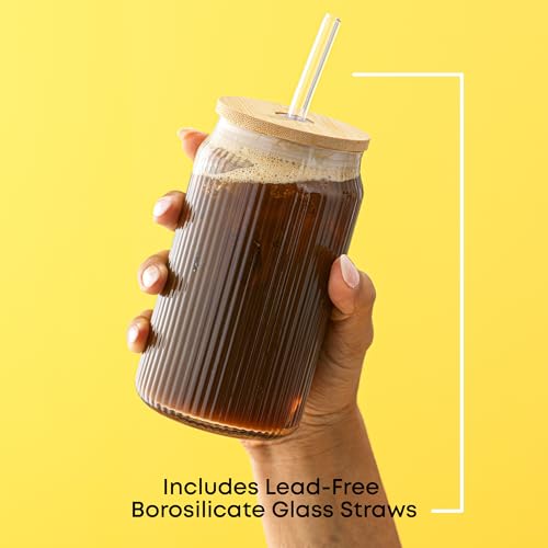 Ribbed Glass Tumblers with Bamboo Lids and Straws, 16oz Set of 4