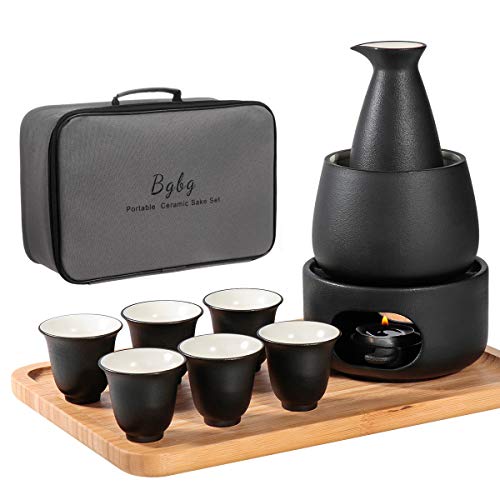 Ceramic Sake Set with Warmer Pot and Bamboo Tray - Traditional Japanese Drinking Kit 11-Piece