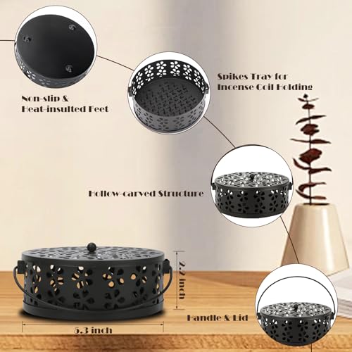 Metal Mosquito Coil Holder with Lid and Handle - Indoor & Outdoor Burner