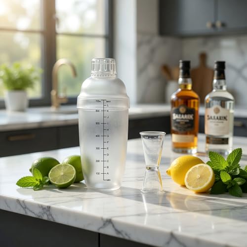 Homestia 2Pcs Plastic Cocktail Shaker & Jigger Set (700cc/24oz) - Includes 1 Shaker + 1 Double-Sided Measuring Jigger